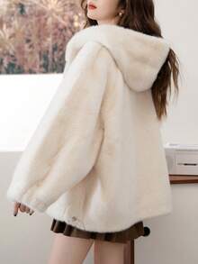 Thickened Short Hooded Faux Mink Fur Fabric - White - View 2