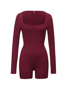 Vaiaye 女士方领纯色简约日常修身连体裤 - 修身长袖短款连体裤，适合健身运动，性感百搭，春夏长袖针织连体裤，优雅时尚 - 酒紅色 - 查看 3