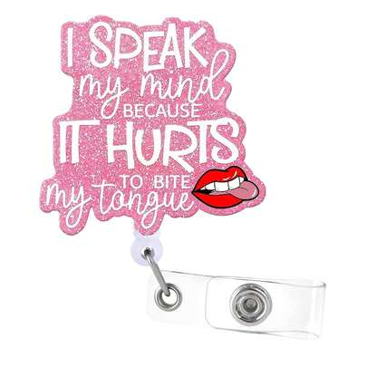 I Speak My Mind Glitter Badge Reel Holder With Swivel Alligator Clip, Acrylic Retractable ID Badge Lanyard For Office, Hospital, Lab - Gift For Doctors, Nurses, Social Workers