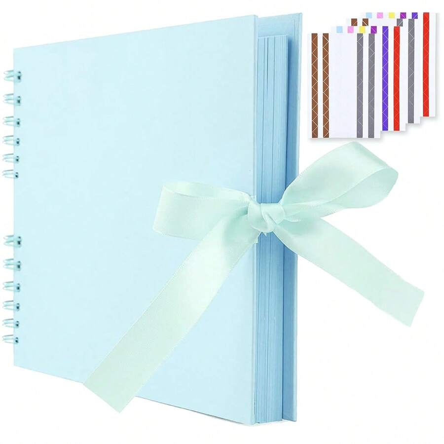 80 Pages (40 Sheets) Black Faux Leather Scrapbook Album, 12*8 Inch, With 4 Colorful Corner Stickers, DIY Scrapbook, Wedding Guest Book, Anniversary, Valentine's Day Gift