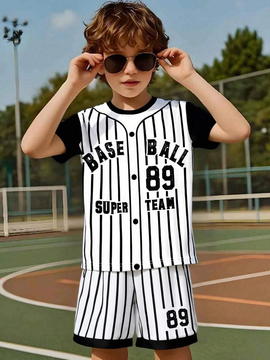 2pcs/Set Boys' Sports Style Striped Baseball Print Short Sleeve T-Shirt & Shorts Set, Summer - Black and White - View 1