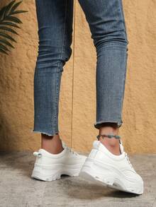 女士厚底系带圆头白色休闲运动鞋，时尚厚底平底鞋，适合日常穿着，简约春秋季大码鞋款 - 白色 - 查看 6