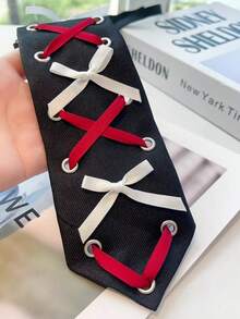 1pc Shiny Polyester Tie For Women, Vintage French Elegant Pearl Lace Tie, Unique Design With Crystal Decor, Suitable For Party, Suit & Bow Tie Matching - Black Background With Red and White Laces - View 6