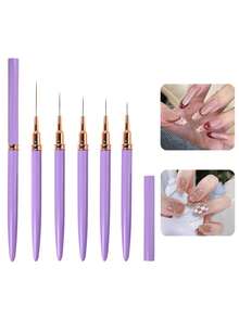 Juego de 5 pinceles de línea para uñas, pincel delgado de rayas, pincel para pintura de gel UV, diseño de uñas, bolígrafo, herramientas profesionales para uñas, adecuado para principiantes de arte de uñas, manicura, salón, hogar, DIY para niñas y mujeres - Morado - Ver 2