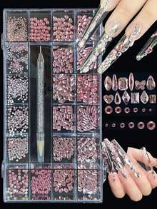 KIRAME 21-Compartment DIY Nail Art K9 Glass Pink Flat Bottom Rhinestone Set - 30pcs High Gloss Rhinestones Per Compartment, Includes 1pc Dotting Pen, Suitable For Nail Salons, Nail Supplies, Christmas Nails, New Year, Christmas Gifts