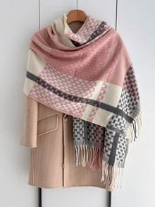 1pc Women's Elegant Vintage Multi-Color Plaid & Striped Faux Cashmere Scarf/Shawl With Tassels, Unisex Thick Warm Casual Neck Wrap For Winter - Pink WT237-2 - View 1