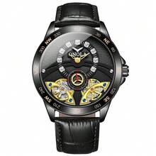 Reloj de hombre ONOLA de diseño de lujo casual con caja dorada, correa de cuero marrón, reloj mecánico de esqueleto de marca de lujo con doble rueda volante en el dial
