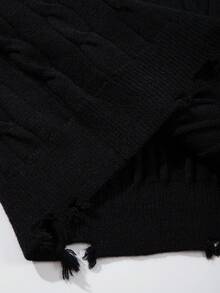 Suéter holgado y casual con cuello redondo, manga larga, rasgado y con flecos, un top versátil de punto de cable para otoño e invierno - Negro - Ver 9