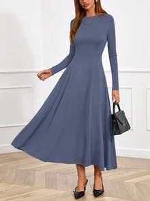 Women Fall Dresses Boat Neck Long Sleeve High Waist A-Line Flowy Knit Party Maxi Dress Spring Autumn Evening Formal Wedding Party Valentine Long Dress Outfits - 灰藍色 - 查看 2