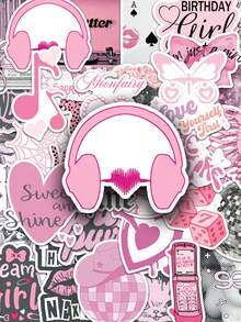 50张粉色幸运主题复古水彩贴纸套装，时尚INS风贴纸，剪贴簿贴纸，防水乙烯基贴纸，散装，适用于水瓶、滑板、行李箱、笔记本电脑、保险杠、主题派对用品 - C - 查看 2