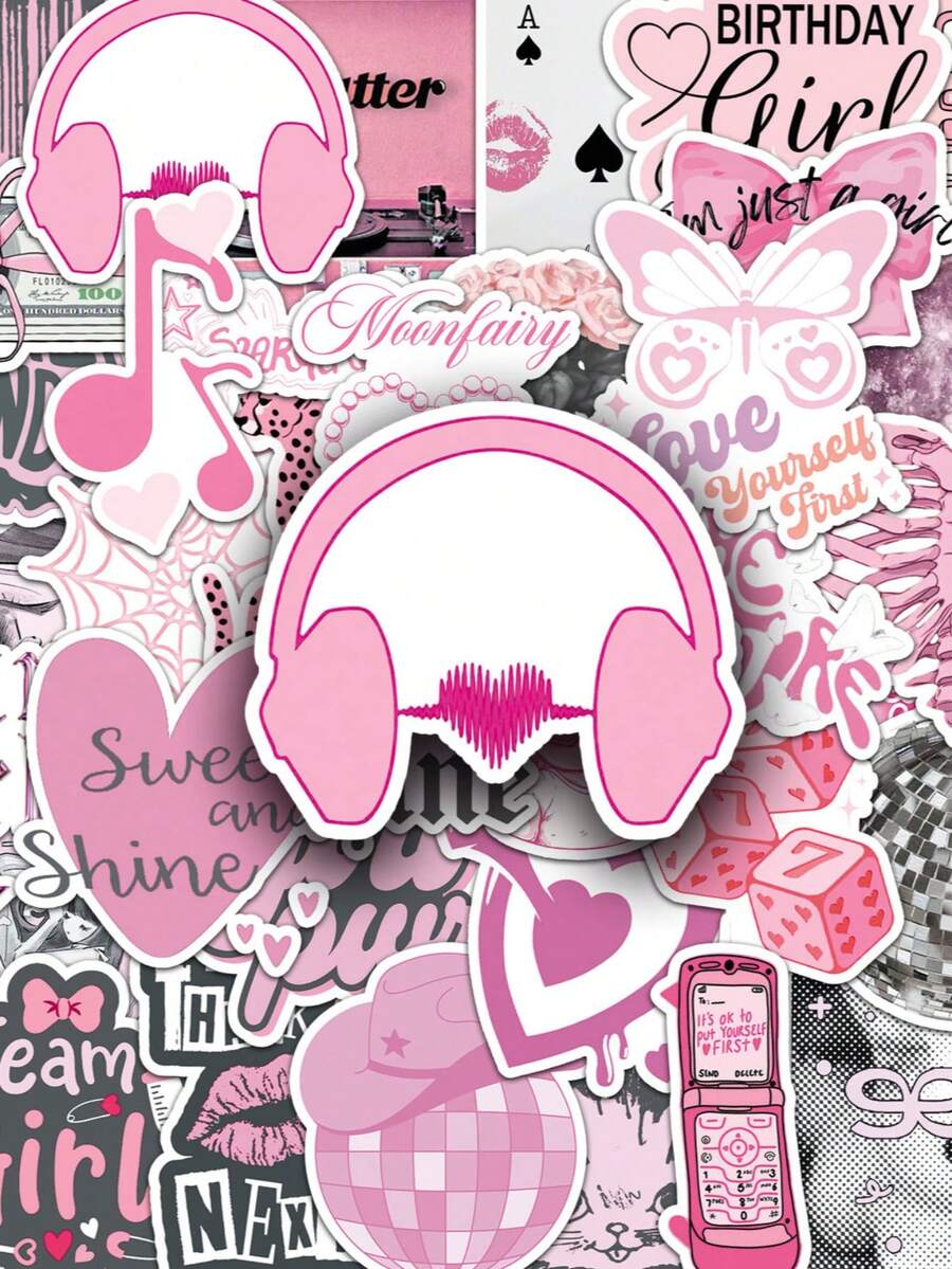 50张粉色幸运主题复古水彩贴纸套装，时尚INS风贴纸，剪贴簿贴纸，防水乙烯基贴纸，散装，适用于水瓶、滑板、行李箱、笔记本电脑、保险杠、主题派对用品