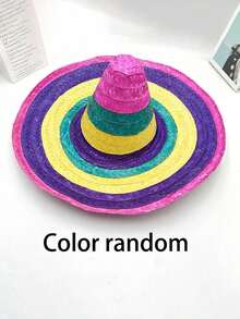 1 pieza Sombrero de paja mexicano de color aleatorio, sombrero de paja tejido, sombrero de paja con bola esponjosa, sombrero de paja de Halloween, sombrero de paja para fiesta, sombrero de paja para utilería de actuación