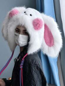 1pc Warm Autumn And Winter Wool Hat Powder Blusher Rabbit Ear Bucket Hat Cartoon Plush Thickened Winter Women Cute Funny Hat - Multicolor - View 4