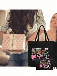 护士主题印花手提袋，轻便购物袋，兼具便携旅行沙滩包和化妆包功能，艺术字母和图案印花设计，适合女性日常使用，是一款便捷的购物袋。 - 彩色 - 查看 4