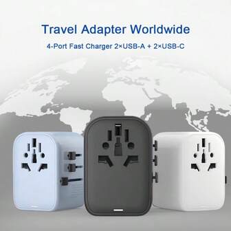 Reseadapter för hela världen, GaN internationell reseadapter med 4 portar för snabbladdning (2USB-A+2Type-C) - Kompatibel med EU/UK/US/AU/JP/IN/Bali i över 180 länder - Fungerar med telefon/kamera/surfplatta - Vikbar kontaktdesign