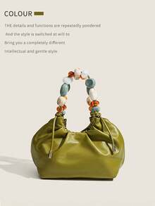 Women's Luxe Green Beaded Pleated Handbag – Elegant Ruched Faux Leather Crossbody/Shoulder Bag, Unique Multicolor Bead Handle Hobo Purse, Ideal For Daily Fashion, Dating, Shopping Trips, Brunch & Weekend Gatherings,  Accessory With Spacious Interior - 彩色 - 查看 4