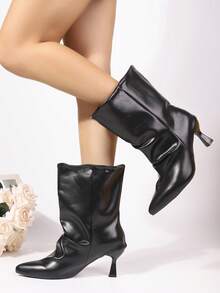 欧美风性感女士高筒踝靴 2025秋冬新款尖头细跟短筒褶皱宽筒牛仔靴西部靴时尚踝靴 - 黑色 - 查看 4