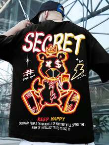 Manfinity Roghcode Men's Loose Fit T-Shirt With Slogan And Cartoon Graphic - Black - View 10