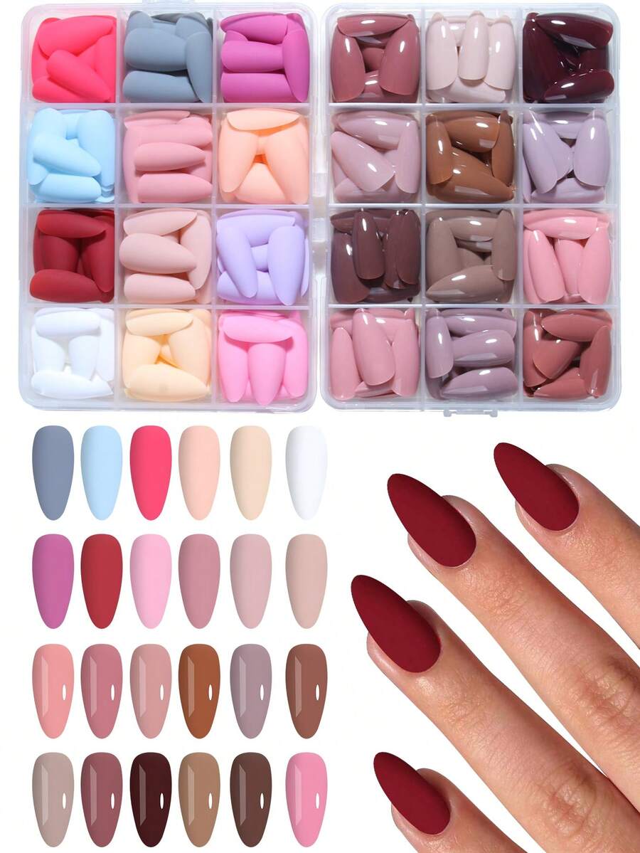 576pcs (24 Mixed Colors) Matte & Glossy Almond Shaped Nail Stickers, Including Red, Blue, Pink, Gray And White Acrylic Material, Perfectly Fit Fingertips, Make Your Fingertips Shine Beautifully, Suitable For Party, Dance And Daily Use.