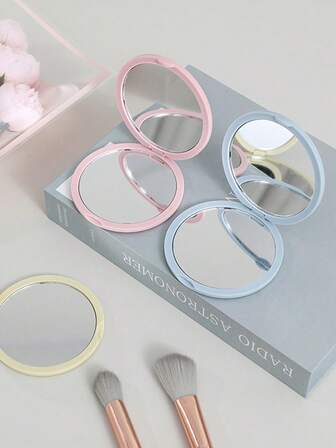 1pc Minimalist Double-Sided Folding Handheld Makeup Mirror, Solid Color Mirror Face, Foldable Compact Round Mirror, Fashionable & Portable, Suitable For Various Occasions, Travel Gift