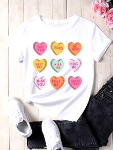 Candy Heart Love Messages Graphic T Shirt For Women Cute Romantic Valentine Day Top Sweet Talk XOXO Say Yes Be Mine Hug Me  Miss You Text Me Best Day Design White Crewneck Tee - 白色 - 查看 2