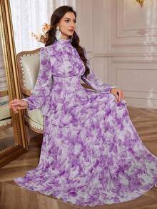Vestido elegante de mujer con estampado floral, cuello alto, mangas farol, volantes en el bajo, para fiesta, boda, vacaciones, primavera - Morado - Ver 4