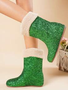 2026 Winter New Fashionable Sequin Thick Sole Wedge Snow Boots For Women, Mid-Calf, Warm Lined, Versatile - Green - View 18