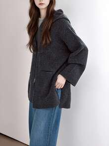 Alicedudu 女士秋冬休闲高端简约风连帽开衫 - 深灰色 - 查看 4