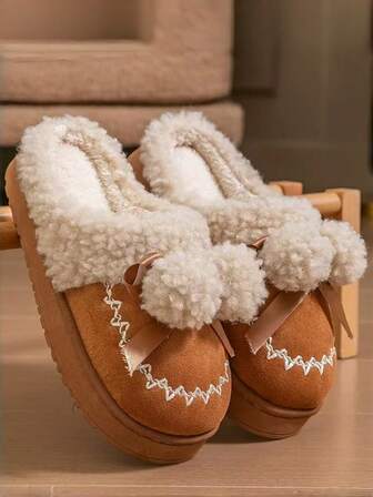 Pantuflas con moño lindo para mujer, forro de felpa, suela gruesa, antideslizante, suave y cómoda, adecuada para uso en interiores en otoño/invierno, hogar, dormitorio, diseño de invierno nuevo de moda casual de felpa con suela suave para damas