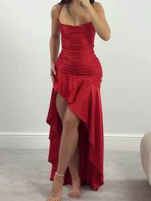 XINMEI Summer Red Dress, Party Backless Criss-Cross Asymmetrical Ruffle Collar Tie-Back Backless Dress, Suitable For Dates, Parties, Festivals, Beaches, Vacations, Weddings And Other Occasions - Red - View 5