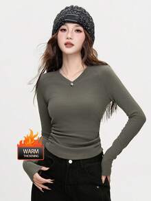 JUTU Double-Sided Velvet Asymmetrical V-Neck Base Layer 2026 Women Winter Sweet & Cool Long Sleeve Top - 237 Earth Gray - View 3