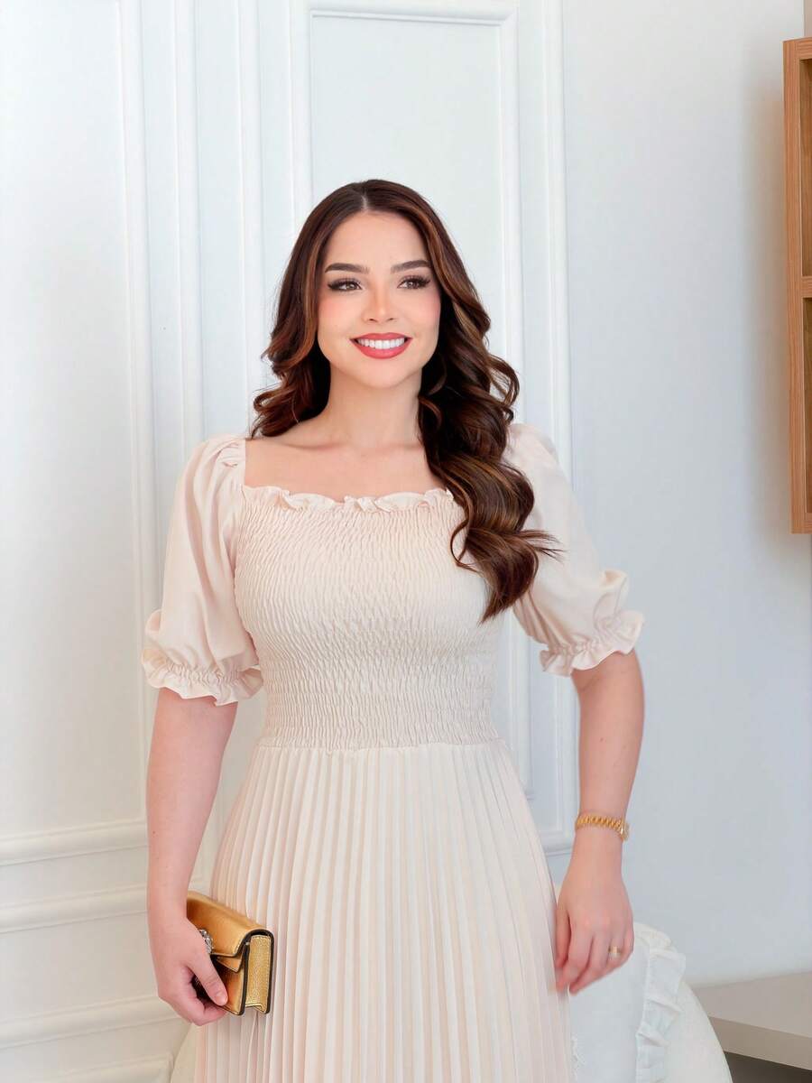 Pleated Midi Dress With Elastic Waistband - Apricot - View 1