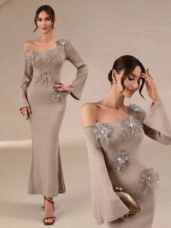 女士时尚露肩鱼尾长裙 – 微喇叭长袖，3D珍珠花朵细节，优雅适合日常穿着、派对、聚会和约会