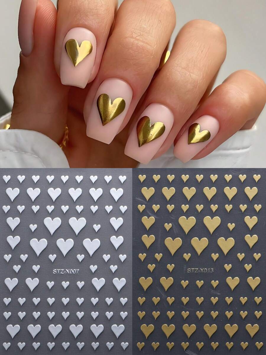 2 miếng dán móng tay hình trái tim bằng kim loại sáng bóng, hình trái tim màu vàng và bạc, decal móng tay cho ngày Valentine, móng tay cưới, trang trí móng tay kiểu Pháp tự làm. - Nhiều màu - Xem 1
