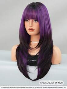 7JHH WIGS 这款24英寸长的紫色渐变层次假发，带刘海，发根颜色较深，采用柔软耐热纤维制成，全机织合成直发，适合派对、角色扮演、万圣节、音乐节等各种场合佩戴。 - 漸層紫 - 查看 5