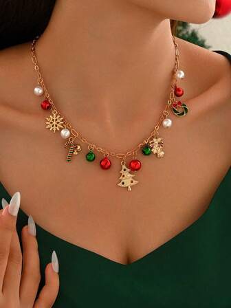 1 st nytt kreativt minimalistiskt halsband med flera hängen, snöflinga, julgran, presentklocka, flerelementshänge, lämpligt för europeiska och amerikanska julfestgåvor