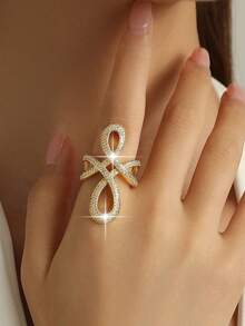1 chiếc nhẫn hở kiểu Pháp hình vô cực giao nhau, đính đá Cubic Zirconia, màu vàng, phù hợp cho nữ, quà tặng trang sức cho đám cưới, lễ đính hôn, kỷ niệm, tiệc tùng. - Vàng - Xem 2