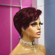 Lace Frontal Short Wig For Women Pixie Cut Wig Human Hair For Black Women 13x4x1 T Part Glueless Wigs For Daily Use Christmas Halloween Costumes Cosplay Party Wig Short Wig For Women Human Hair 99J Color Wig Short Wigs With Side Part Bangs