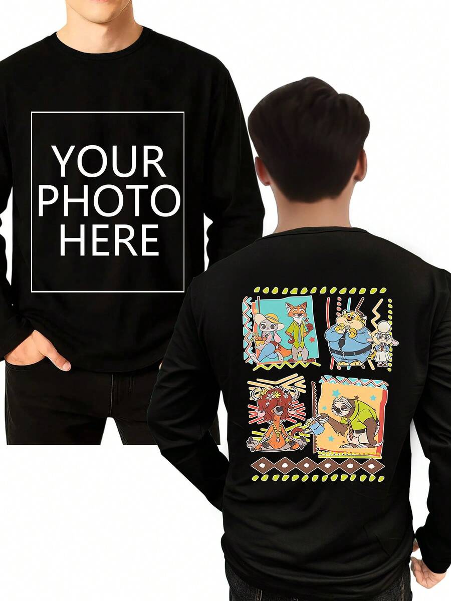 Disney Customized IP Licensed, Zootopia Graphic Print, Men's Long Sleeve T-Shirt Customization Service, Supports Exclusive Slogan/Creative Design/Anime Character/Couple/Pet Photo/Selfie/Celebrity Portrait, Crew Neck With Slight Stretch, Fashionable & Versatile Long Sleeve T-Shirt, Men's T-Shirt. - Black - View 1
