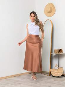 Elegant Satin Skirt With Zipper, Office Party S795 - 摩卡棕 - 查看 5