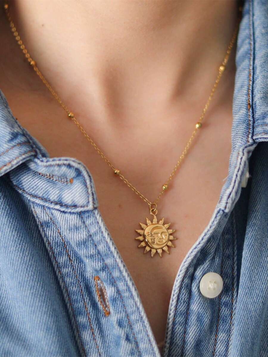 不锈钢防水防褪色金/银圆形蛇形链月亮吊坠项链，适合女士日常佩戴 - 太陽月亮 - 查看 1