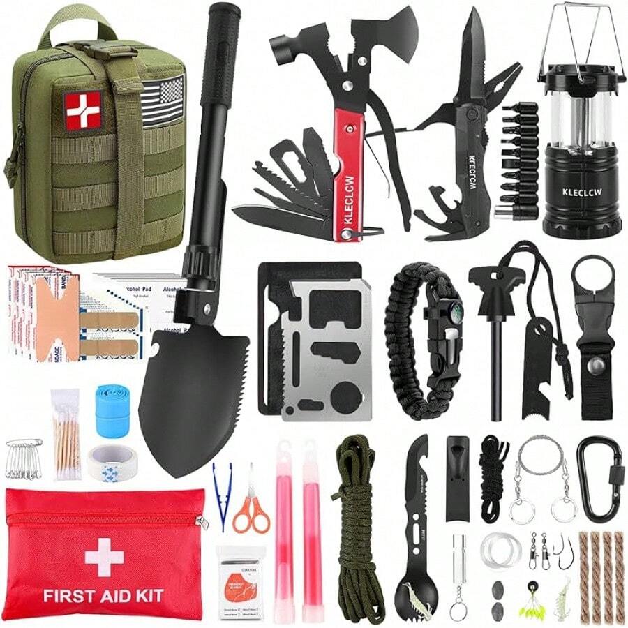 Survival Kit And First Aid Kit, 160 Pcs Emergency Supplies Camping Accessories With Upgraded Molle Bag, Gifts For Men And Women Outdoor Adventure Camping Hiking Hunting - 綠色 - 查看 1