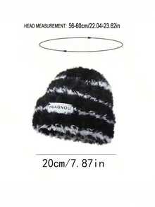1pc Versatile Fuzzy Striped Bucket Hat, Women Winter Knitted Beanie Cap, Thick Warm Ear Protection Fluffy Bucket Hat - Black - View 7
