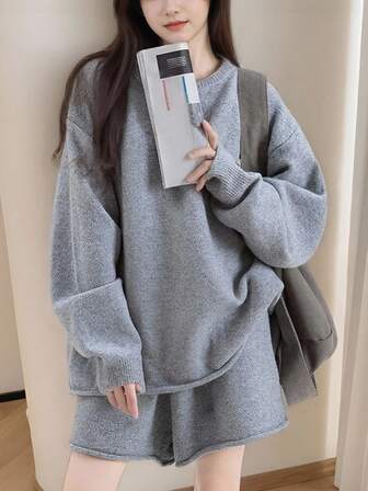 Alicedudu 2件套女士秋冬优雅圆领毛衣和短裤