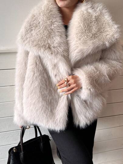 Seelio Autumn/Winter New Thick Faux Fur Collar Faux Fur Lined Mid-Length Fashionable Fur Effect Short Coat