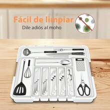 Necomi Organizador de Cubiertos,Expandible Organizador de Cubiertos para Cajon,con 9 compartimentos, extensible por 3 lados, antideslizante, para cucharas, tenedores y cuchillos (blanco) - Blanco01 - Ver 9