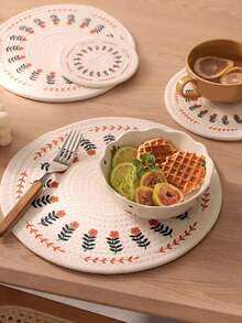 手工编织圆形餐垫套装 - 棉麻材质，耐热、柔软、耐用，饰有可爱花卉图案 - 非常适合放置杯子、碗、锅等。 - 小花 - 查看 2
