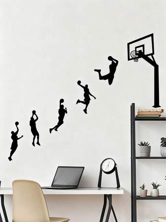 1张创意篮球剪影墙贴，篮球短跑主题，适用于卧室、客厅、婴儿房，跳投剪影篮球墙贴，乙烯基材质，自粘式