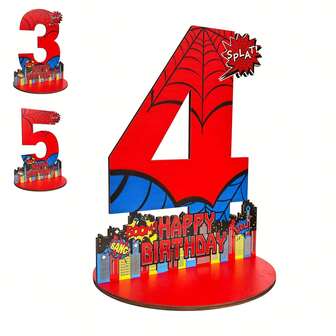 1pc Spider-Themed 4th Birthday Number Centerpiece Decoration, Spider Design Number Stand, Wooden Table Decor Photo Prop, Spider 4th Birthday Party Supplies