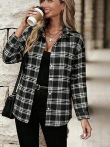 女士格子宽松衬衫，适合秋冬季节，翻领单扣复古风，百搭显瘦上衣，适合办公和休闲场合，黑色春季款 - 黑色 - 查看 5